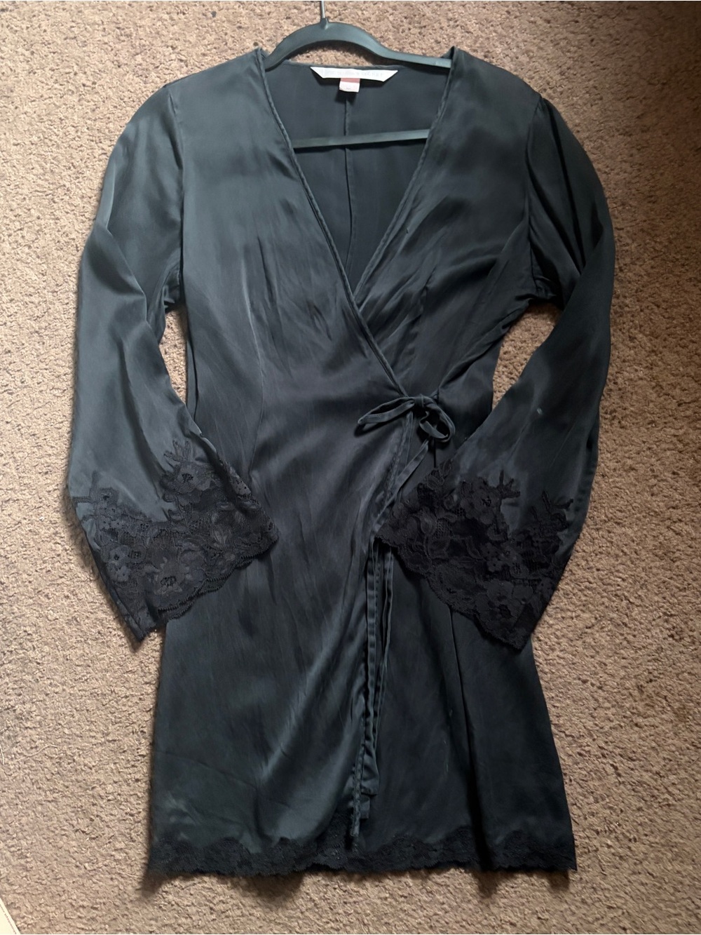 Vintage Victoria's Secret 100% Pure Silk Black Wrap Robe Lace Trim Coquette Y2K